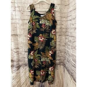 Sumi Ware Dress Women's Large Black Tropical Floral Midi Sleeveless Vintage